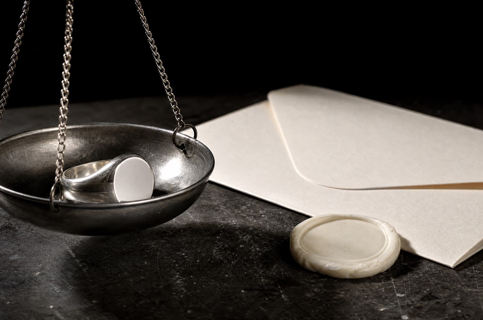 A signet ring blank on a precision balance pan beside a plain submission envelope