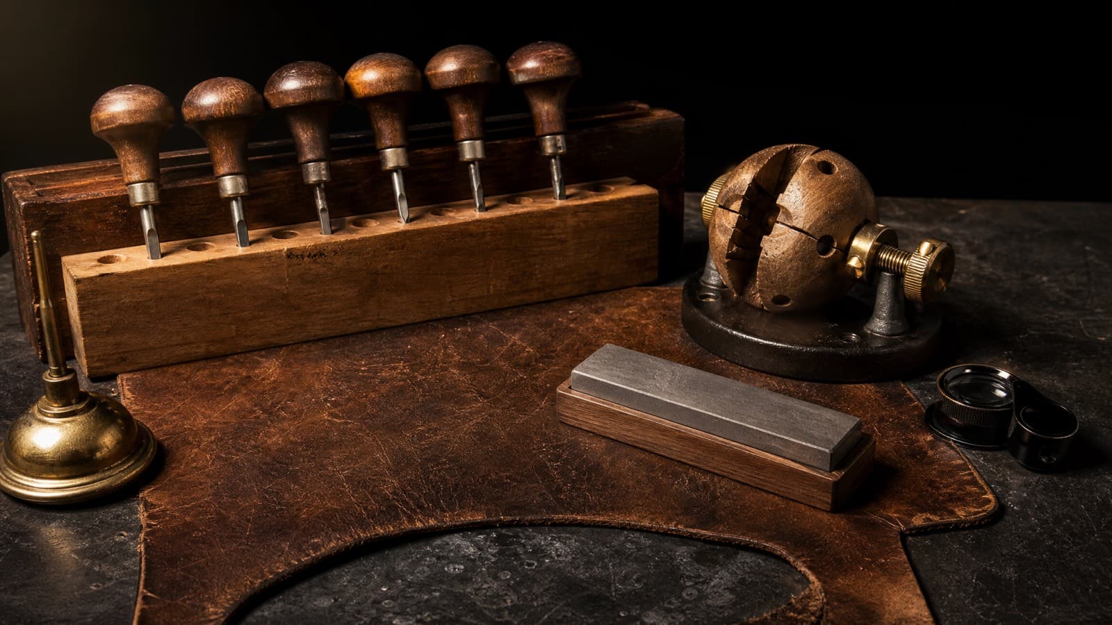 A jeweller's engraving bench with a ring clamp, a rack of hand gravers, an oilstone and a loupe