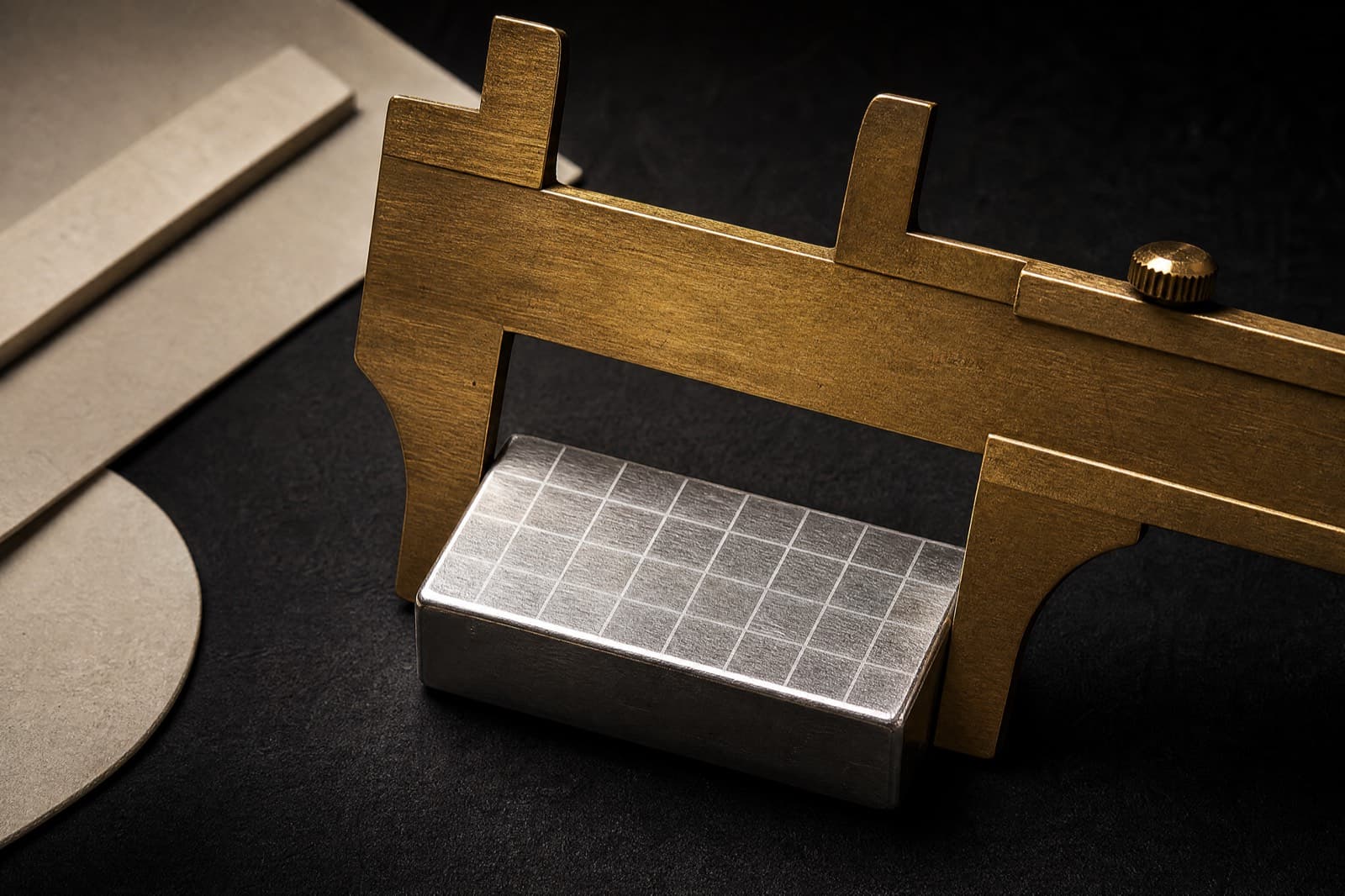 Calipers measuring the face of a rectangular silver bar blank