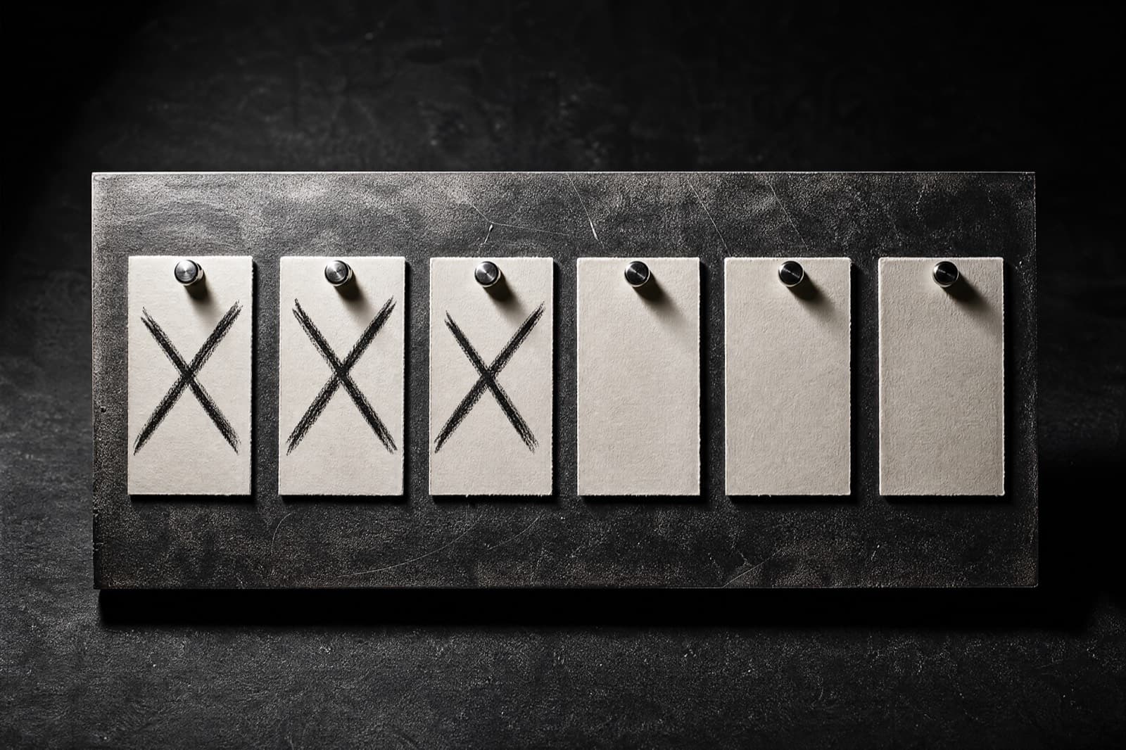 Six blank paper swatches pinned in a row, three of them crossed out with charcoal strokes
