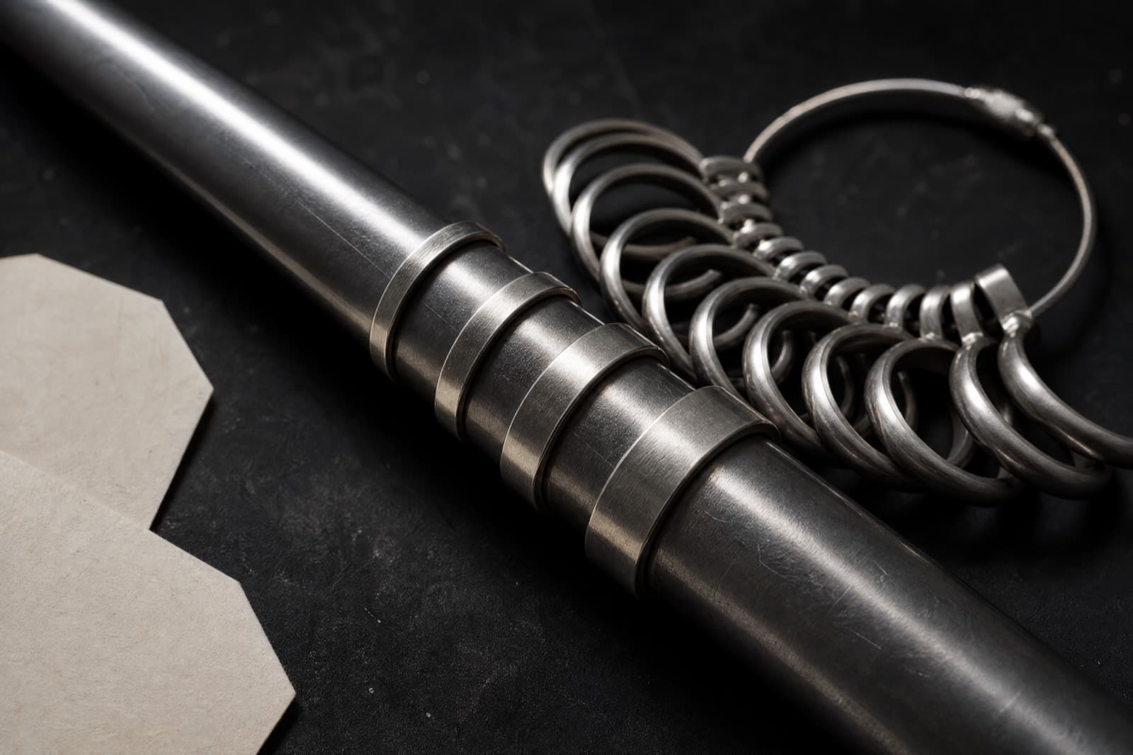 A steel ring mandrel with silver band blanks stacked along it and sizing hoops fanned beside it